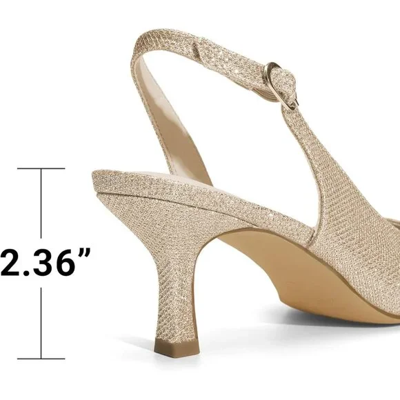 Women's Gold-glitter Slingback Pointed Toe Low Pumps Casual Stylish Kitten Heel - Picture 6 of 6